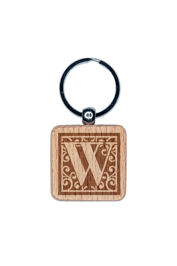 Monogram Swirls Capital Letter W Square Keychain Charm Tag - Engraved Wood