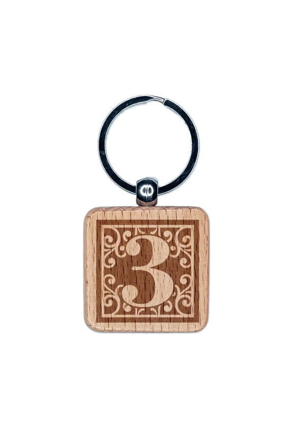 Monogram Swirls Number 3 Three Square Keychain Charm Tag - Engraved Wood