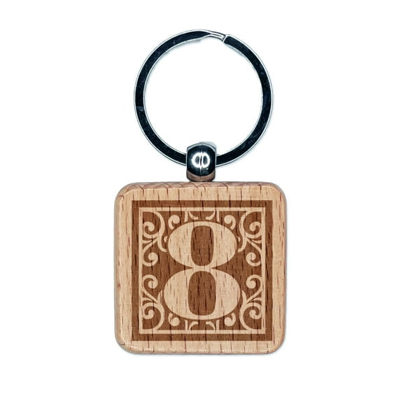 Monogram Swirls Number 8 Eight Square Keychain Charm Tag - Engraved Wood