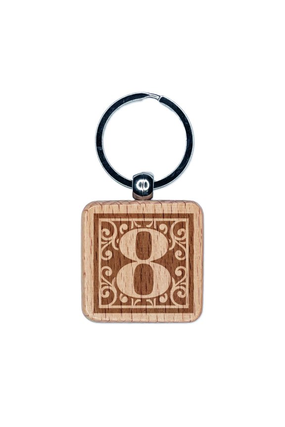 Monogram Swirls Number 8 Eight Square Keychain Charm Tag - Engraved Wood