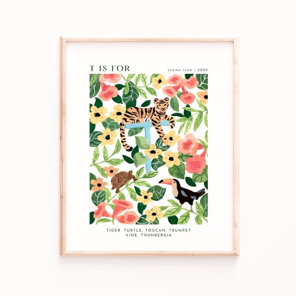 Monogram T Nursery Print, Tiger Toucan Turtle Poster, Unframed Canvas Size 12x18 F03.1.21l281