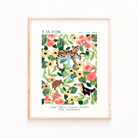 Monogram T Tiger Toucan Turtle Wall Art Print With Nursery Decor