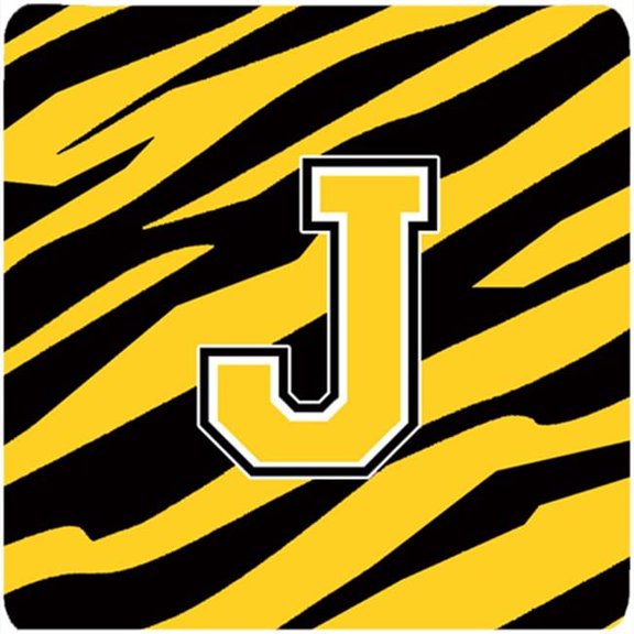 Monogram - Tiger Stripe - Black Gold Foam Coasters, Initial Letter J - Set 4, 3.5 x 3.5 In.