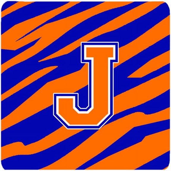 Monogram - Tiger Stripe - Blue Orange Foam Coasters Initial Letter J, Set - 4