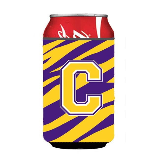 Monogram - Tiger Stripe - Purple Gold Can or Bottle Beverage Insulator Initial C