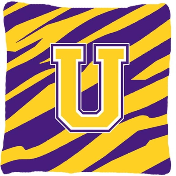 Monogram - Tiger Stripe - Purple Gold Decorative Fabric Pillow - 14 x 14 in.- Initial U
