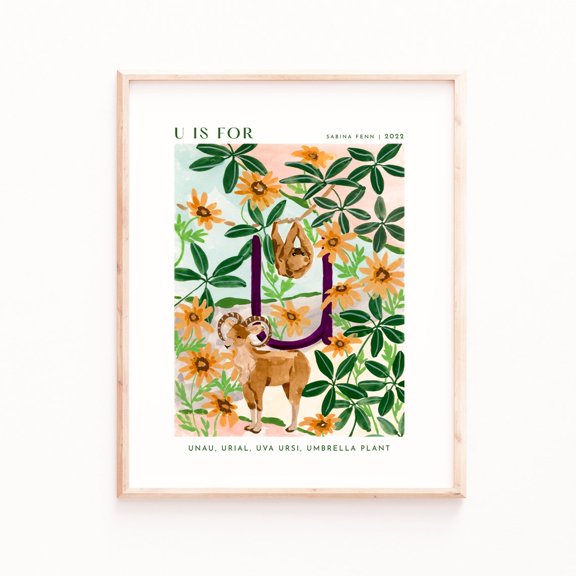 Monogram U Art Poster Animals and Florals Nursery Decor, Unframed Poster Size 8x12 F03.1.19l1281