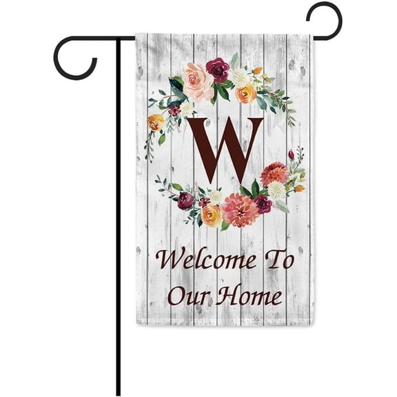 Monogram W Welcome to Our Home Garden Flag Hello Spring Summer Flowers Double Sided Outdoor Decor Banner 12.5 x 18 Inch
