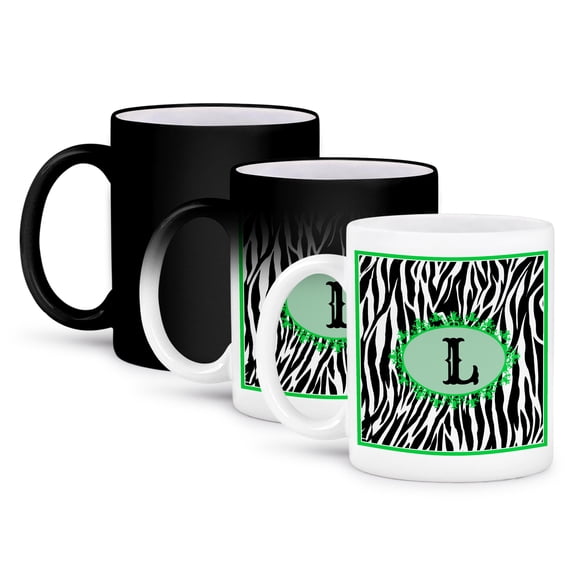 3dRose, Monogram with L initial Zebra print green and black, 11oz Magic Transforming Mug