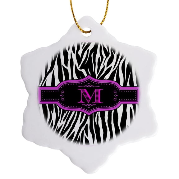 3drose, Monogram with M Initial Zebra Print Hot Pink and Black, 3 inch Snowflake Porcelain Ornament