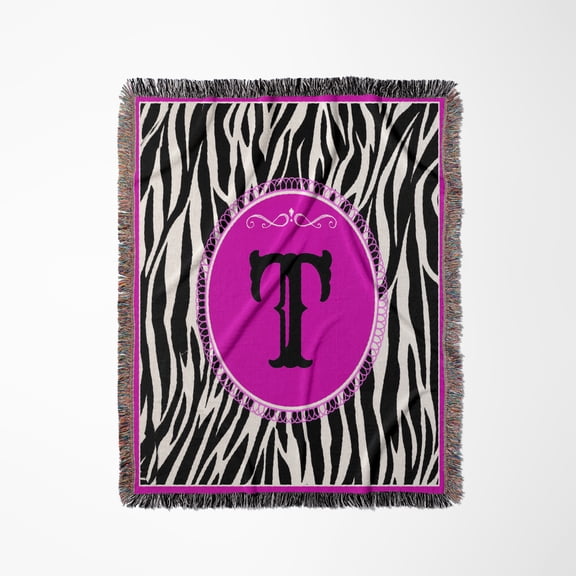 Monogram With T Initial  Zebra Print With Hot Pink Design, Woven Blanket