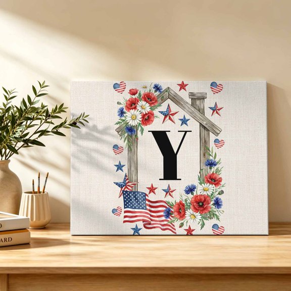 Monogram Y Canvas Wall Art, Americana Stars Red Flowers US Flag Wall Art Prints Artwork Framed Canvas Ready to Hang Art Pictures for Bathroom Bedroom Entry Desk Corner 10" x 8"
