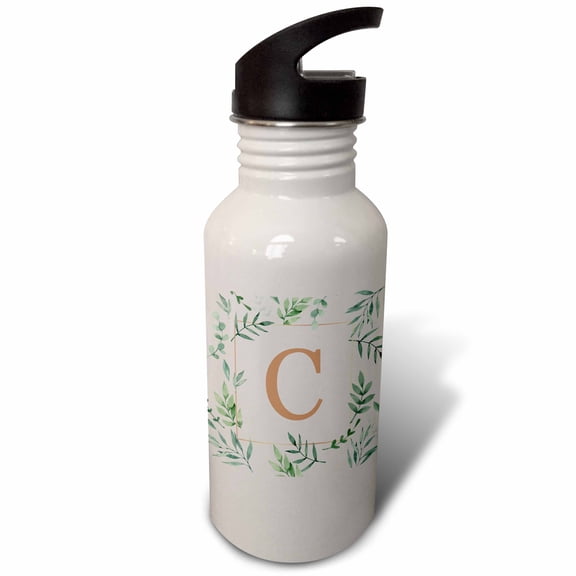 3dRose, Monogram initial letter C in gold framed in leaves and a gold square., Flip Straw 21oz Water Bottle