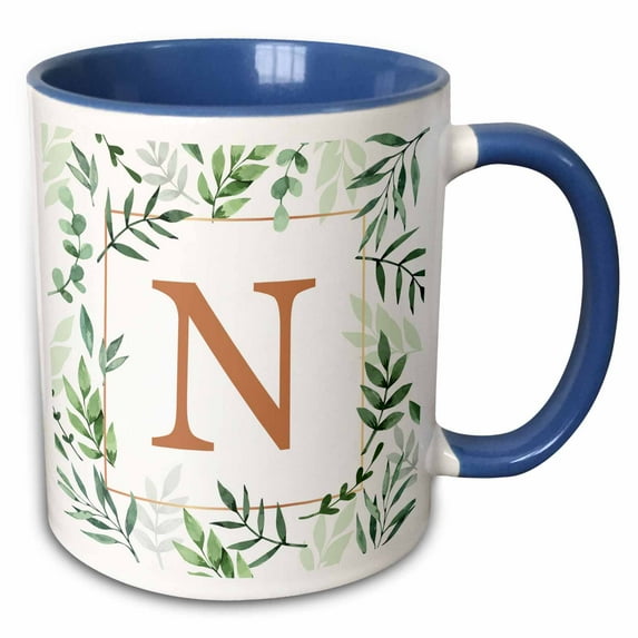Monogram initial letter N in gold framed in leaves and a gold square. 11oz Two-Tone Blue Mug mug-337448-6