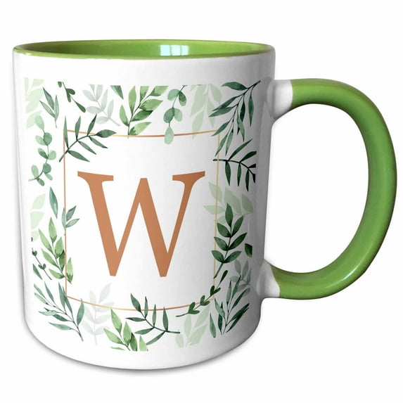 Monogram initial letter W in gold framed in leaves and a gold square. 15oz Two-Tone Green Mug mug-336864-12