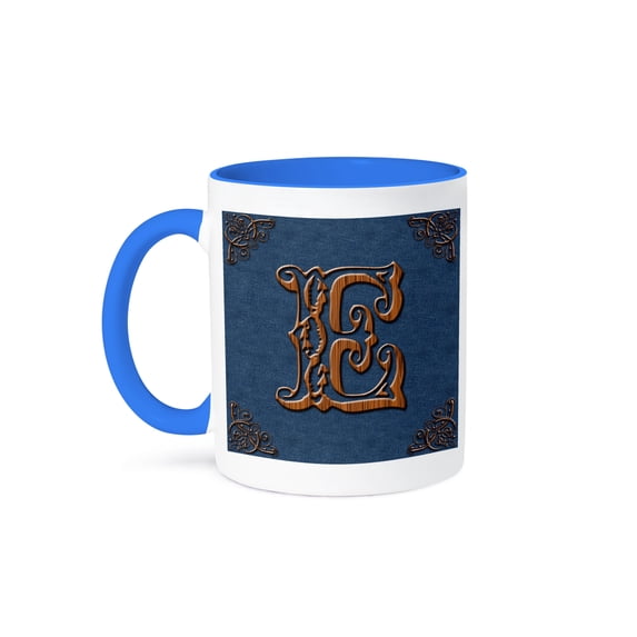 3dRose, Monogram letter E in Victorian Western font that looks like carved oak wood on a denim background., 11oz Two-Tone Blue Mug