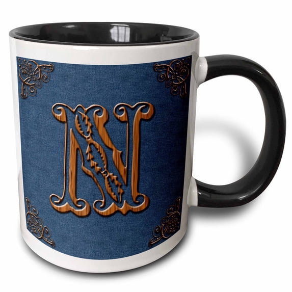 Monogram letter N in Victorian Western font that looks like carved oak wood on a denim background. 11oz Two-Tone Black Mug mug-162072-4