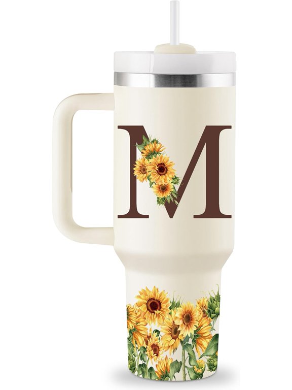 Monogrammed 40 oz Tumbler with Handle & Straw - Personalized Gifts for Mom, Wife, Sister, Friend, Coworkers - Initial Sunflower Cup