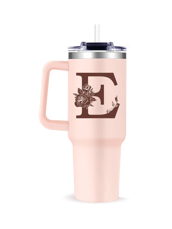 Monogrammed 40oz Tumbler with Handle for Women, Personalized Birthday Gifts for Women,Initial Cups for Woman Pink Letter E,Customized Gifts for Female Lady Gift for Mothers Day Christmas