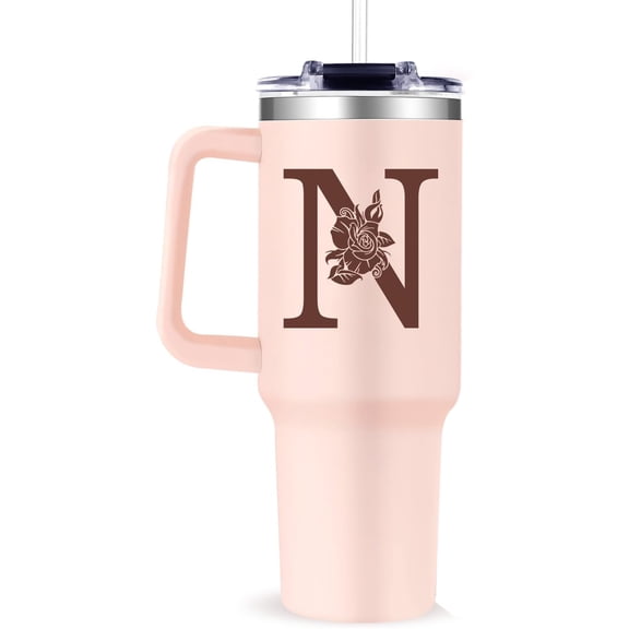 Monogrammed 40oz Tumbler with Handle for Women, Personalized Birthday Gifts for Women,Initial Cups for Woman Pink Letter N,Customized Gifts for Female Lady Gift for Mothers Day Christmas