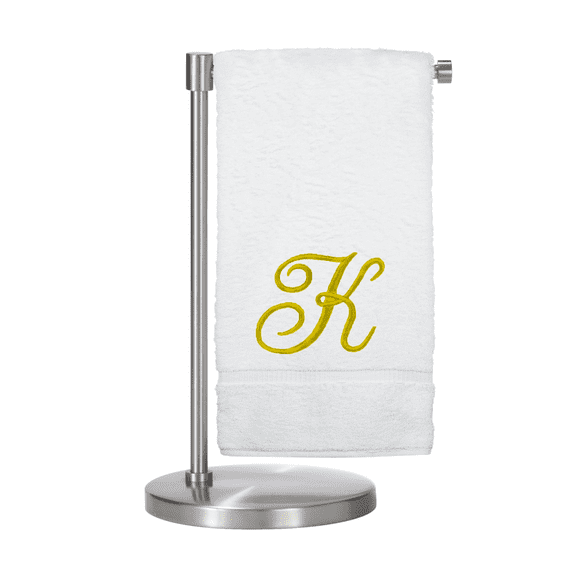 Monogrammed Bath Towel, Personalized Gift, 27 x 54 inches - Set of 1 - Gold Script Embroidered Towel - 100% Turkish Cotton- Soft Terry Finish - for Bathroom or Spa - Script K White
