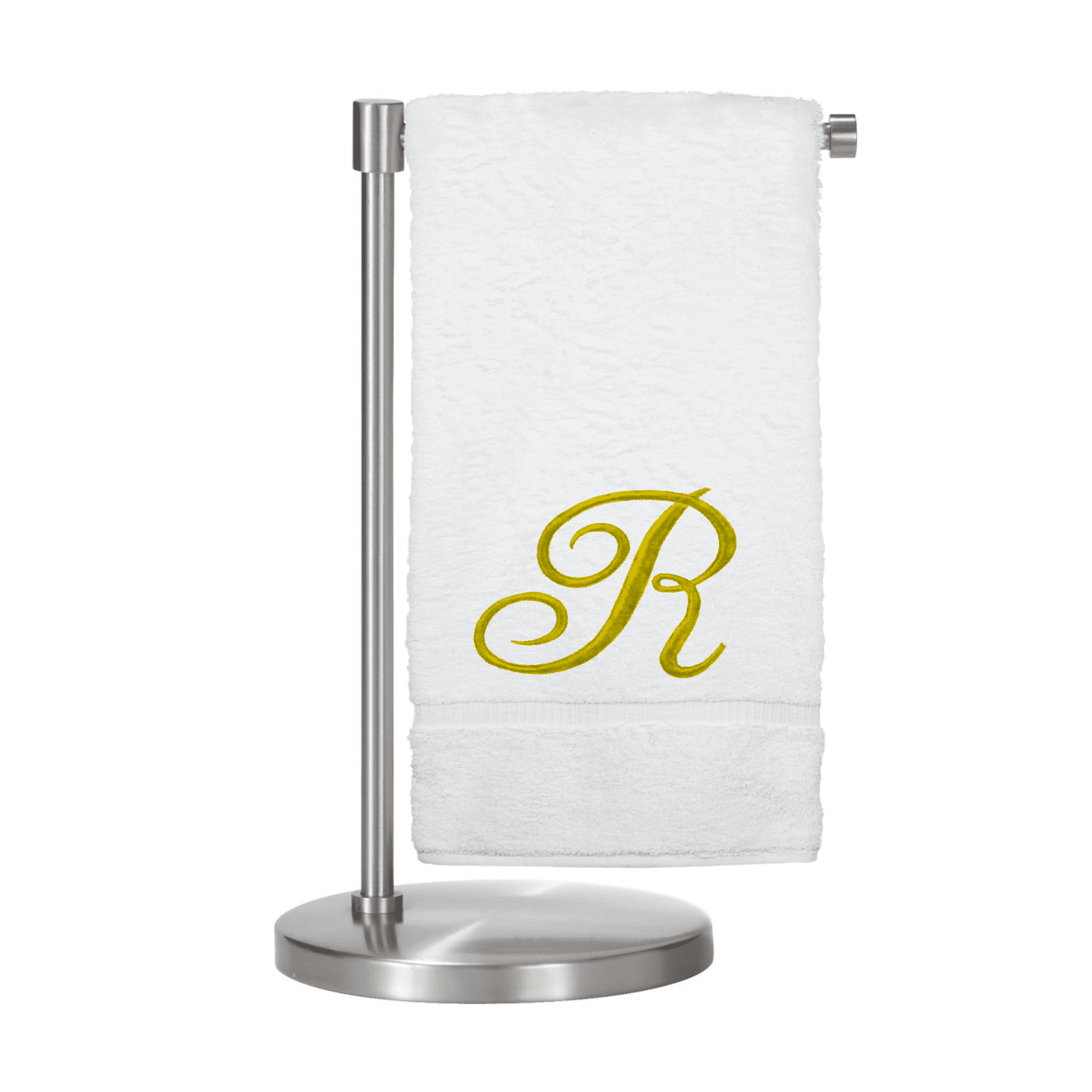 Monogrammed Bath Towel, Personalized Gift, 27 x 54 inches - Set of 1 - Gold Script Embroidered Towel - 100% Turkish Cotton- Soft Terry Finish - for Bathroom or Spa - Script R White