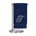 thumbnail image 1 of Monogrammed Bath Towel, Personalized Gift, 27 x 54 inches - Set of 1 - Silver Script Embroidered Towel - 100% Turkish Cotton- Soft Terry Finish - for Bathroom or Spa - Script T Navy, 1 of 1