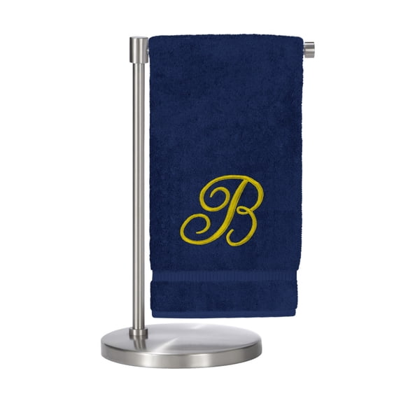 Monogrammed Bath Towel, Personalized Gift, 27 x 54 inches - Set of 2 - Gold Script Embroidered Towel - 100% Turkish Cotton - Soft Terry Finish - for Bathroom, or Spa - Script B Navy Towels