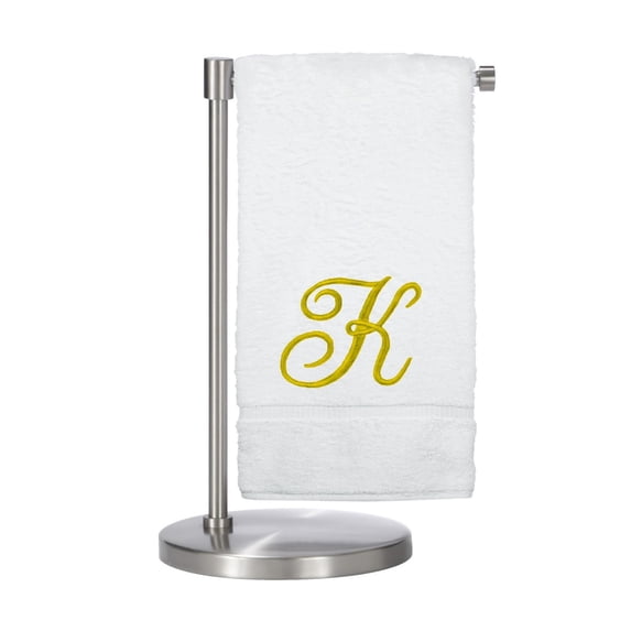 Monogrammed Bath Towel, Personalized Gift, 27 x 54 inches - Set of 2 - Gold Script Embroidered Towel - 100% Turkish Cotton- Soft Terry Finish - for Bathroom or Spa - Script K White
