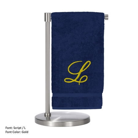 Monogrammed Bath Towel, Personalized Gift, 27 x 54 inches - Set of 2 - Gold Script Embroidered Towel - 100% Turkish Cotton- Soft Terry Finish - for Bathroom or Spa - Script L Navy