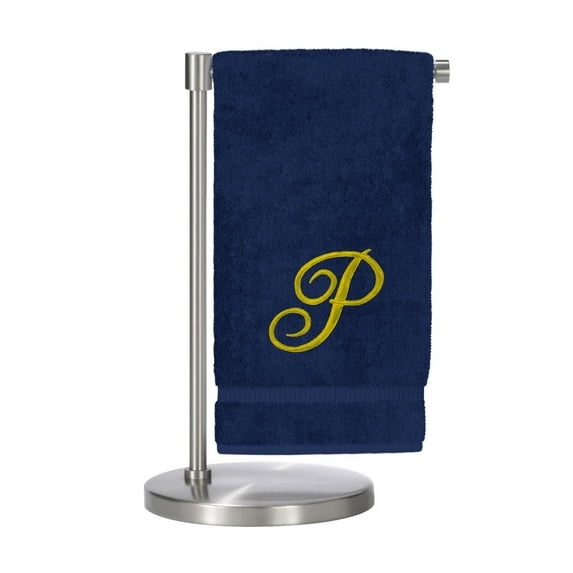 Monogrammed Bath Towel, Personalized Gift, 27 x 54 inches - Set of 2 - Gold Script Embroidered Towel - 100% Turkish Cotton - Soft Terry Finish - for Bathroom, or Spa - Script P Navy Towels