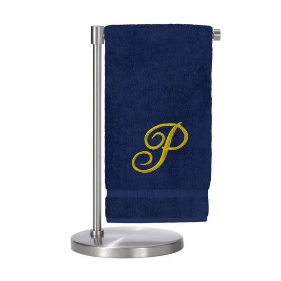 Monogrammed Bath Towel, Personalized Gift, 27 x 54 inches - Set of 2 - Gold Script Embroidered Towel - 100% Turkish Cotton - Soft Terry Finish - for Bathroom, or Spa - Script P Navy Towels