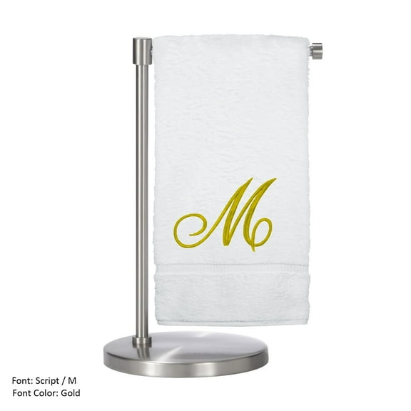 Monogrammed Bath Towel, Personalized Gift, 27 x 54 inches - Set of 2 - Gold Script Embroidered Towel - 100% Turkish Cotton- Soft Terry Finish - for Bathroom or Spa - Script M White