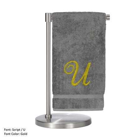 Monogrammed Bath Towel, Personalized Gift, 27 x 54 inches - Set of 2 - Gold Script Embroidered Towel - 100% Turkish Cotton- Soft Terry Finish - for Bathroom or Spa - Script U Gray