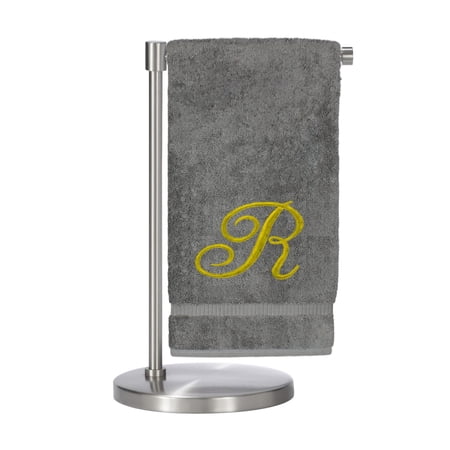 Monogrammed Bath Towel, Personalized Gift, 27 x 54 inches - Set of 2 - Gold Script Embroidered Towel - 100% Turkish Cotton- Soft Terry Finish - for Bathroom or Spa - Script R Gray