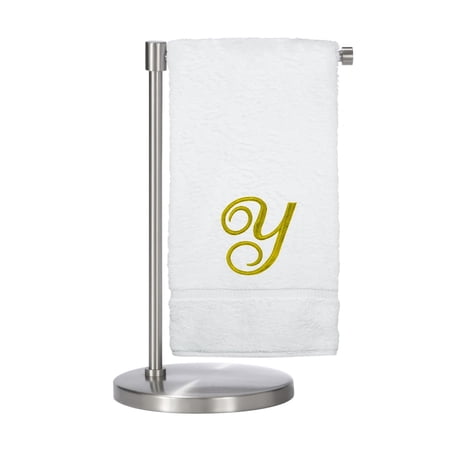 Monogrammed Bath Towel, Personalized Gift, 27 x 54 inches - Set of 2 - Gold Script Embroidered Towel - 100% Turkish Cotton- Soft Terry Finish - for Bathroom or Spa - Script Y White