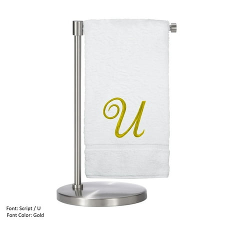 Monogrammed Bath Towel, Personalized Gift, 27 x 54 inches - Set of 2 - Gold Script Embroidered Towel - 100% Turkish Cotton- Soft Terry Finish - for Bathroom or Spa - Script U White
