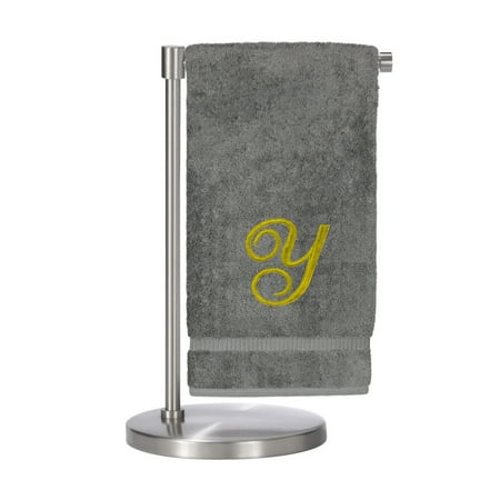 Monogrammed Bath Towel, Personalized Gift, 27 x 54 inches - Set of 2 - Gold Script Embroidered Towel - 100% Turkish Cotton- Soft Terry Finish - for Bathroom or Spa - Script Y Gray