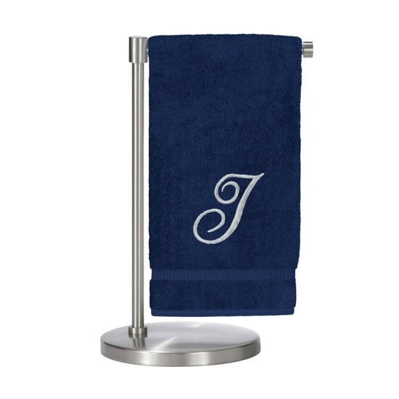 Monogrammed Bath Towel, Personalized Gift, 27 x 54 inches - Set of 2 - Silver Script Embroidered Towel - 100% Turkish Cotton- Soft Terry Finish - for Bathroom or Spa - Script I Navy