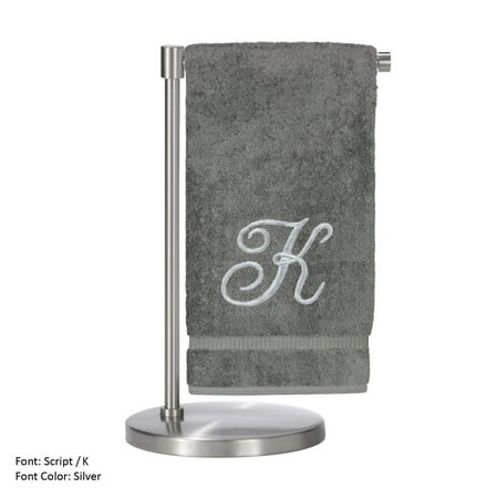 Monogrammed Bath Towel, Personalized Gift, 27 x 54 inches - Set of 2 - Silver Script Embroidered Towel - 100% Turkish Cotton- Soft Terry Finish - for Bathroom or Spa - Script K Gray