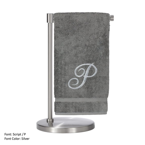 Monogrammed Bath Towel, Personalized Gift, 27 x 54 inches - Set of 2 - Silver Script Embroidered Towel - 100% Turkish Cotton- Soft Terry Finish - for Bathroom or Spa - Script P Gray