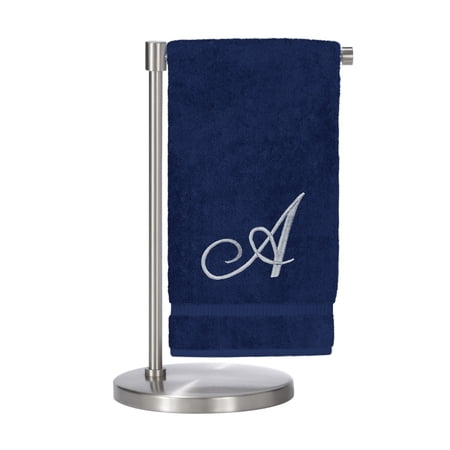 Monogrammed Bath Towel, Personalized Gift, 27 x 54 inches - Set of 2 - Silver Script Embroidered Towel - 100% Turkish Cotton- Soft Terry Finish - for Bathroom or Spa - Script A Navy