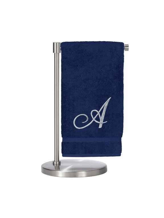 Monogrammed Bath Towel, Personalized Gift, 27 x 54 inches - Set of 2 - Silver Script Embroidered Towel - 100% Turkish Cotton- Soft Terry Finish - for Bathroom or Spa - Script A Navy