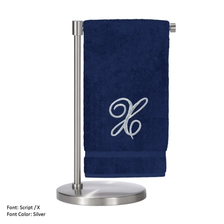 Monogrammed Bath Towel, Personalized Gift, 27 x 54 inches - Set of 2 - Silver Script Embroidered Towel - 100% Turkish Cotton- Soft Terry Finish - for Bathroom or Spa - Script X Navy