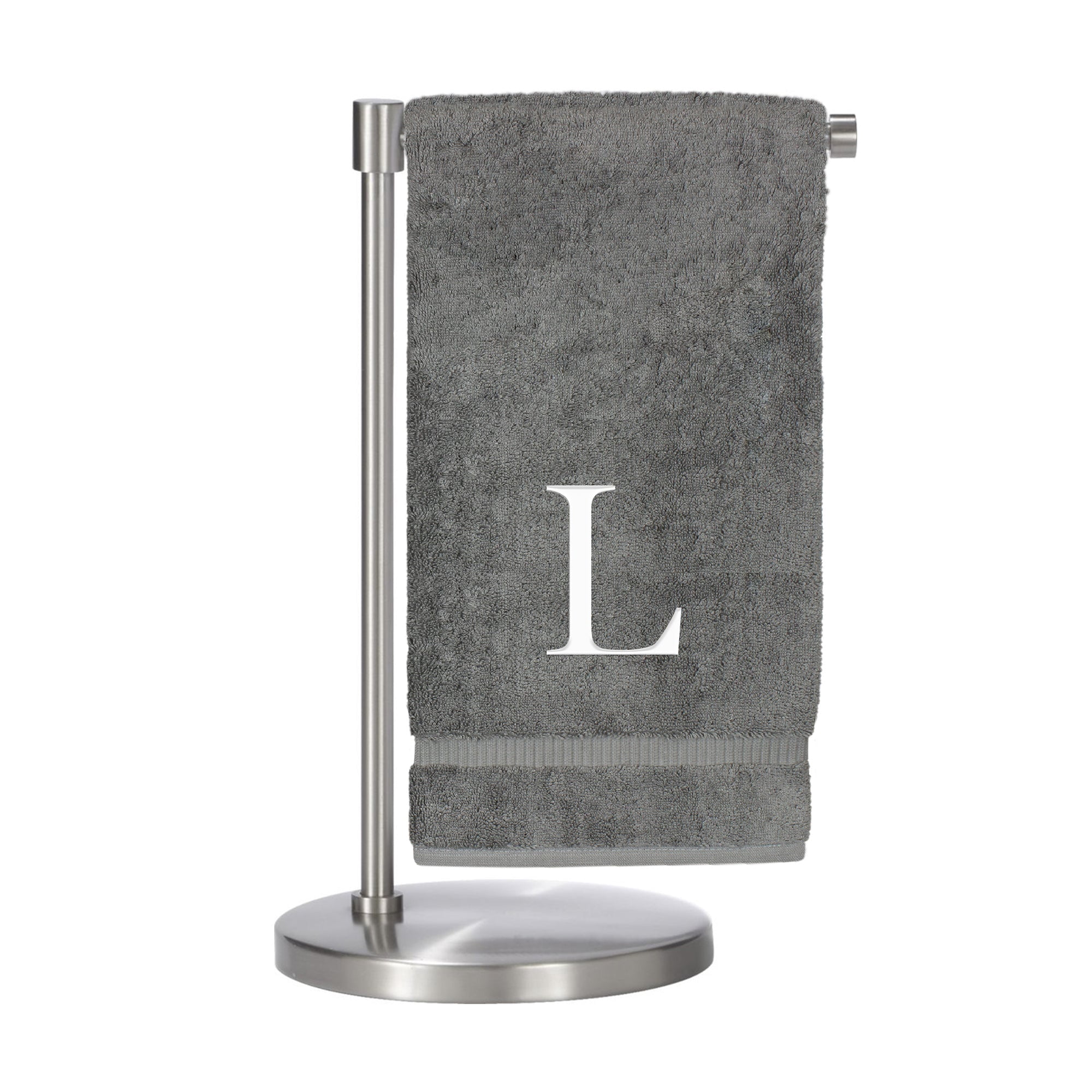 Monogrammed Bath Towel, Personalized Gift, Set of 2- Silver Block Letter Embroidered Towel - Extra Absorbent 100% Turkish Cotton - Soft Terry Finish - Initial L Gray