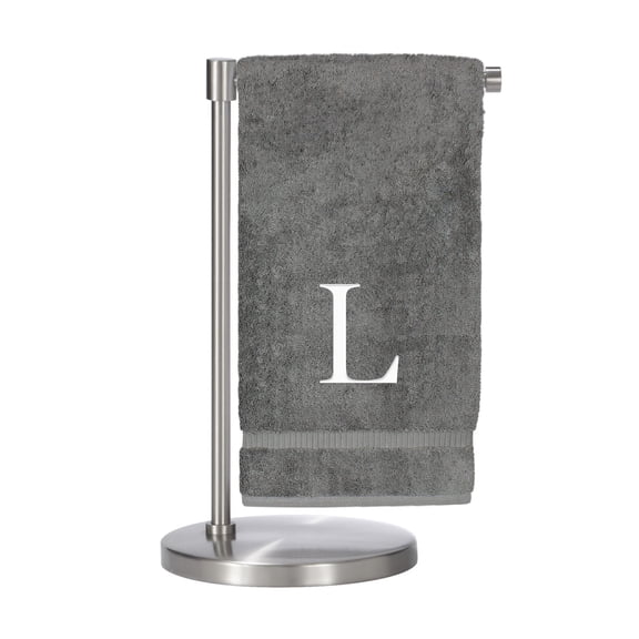 Monogrammed Bath Towel, Personalized Gift, Set of 2- Silver Block Letter Embroidered Towel - Extra Absorbent 100% Turkish Cotton - Soft Terry Finish - Initial L Gray