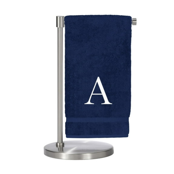 Monogrammed Bath Towel, Personalized Gift, Set of 2- White Block Letter Embroidered Towel - Extra Absorbent 100% Turkish Cotton - Soft Terry Finish - Initial A Navy