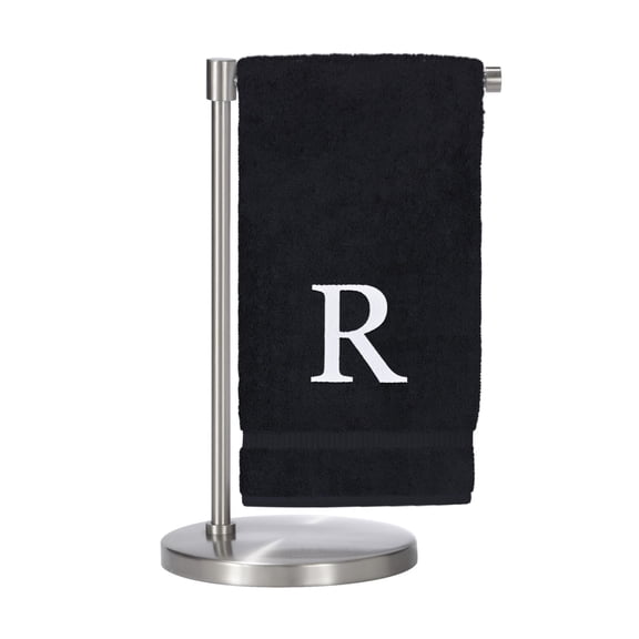 Monogrammed Bath Towel, Personalized Gift, Set of 2- White Block Letter Embroidered Towel - Extra Absorbent 100% Turkish Cotton - Soft Terry Finish - Initial R Black