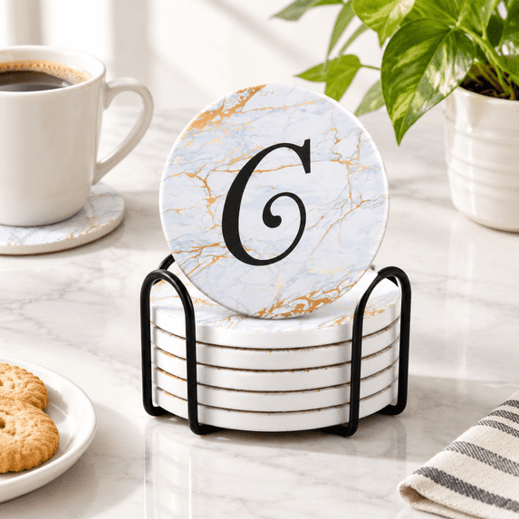 Monogramen Monogrammed Coasters For Drinks Absorbents With Holder Set Of 6 Ceramic ...
