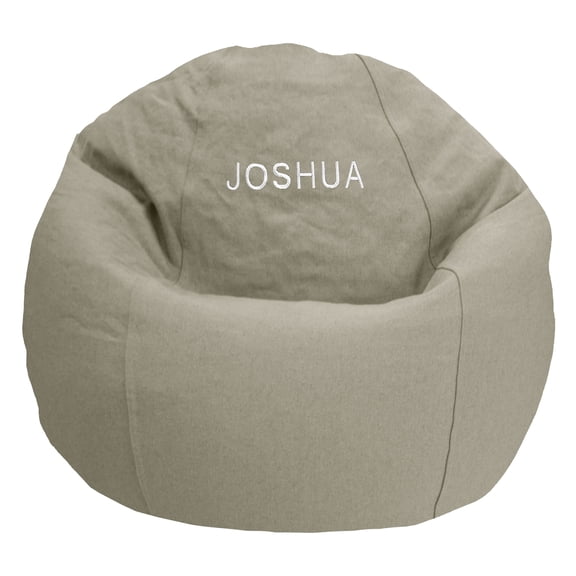 Monogrammed Cotton 36x36x40" Large Bean Bag Chair - w/Polystyrene Beads and CertiPUR Foam Filled Bean Bag for Adult, Teens and Kids - Hemp Natural